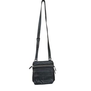 Vintage Fossil Black Leather Crossbody Messenger Bag‎ Brass Hardware